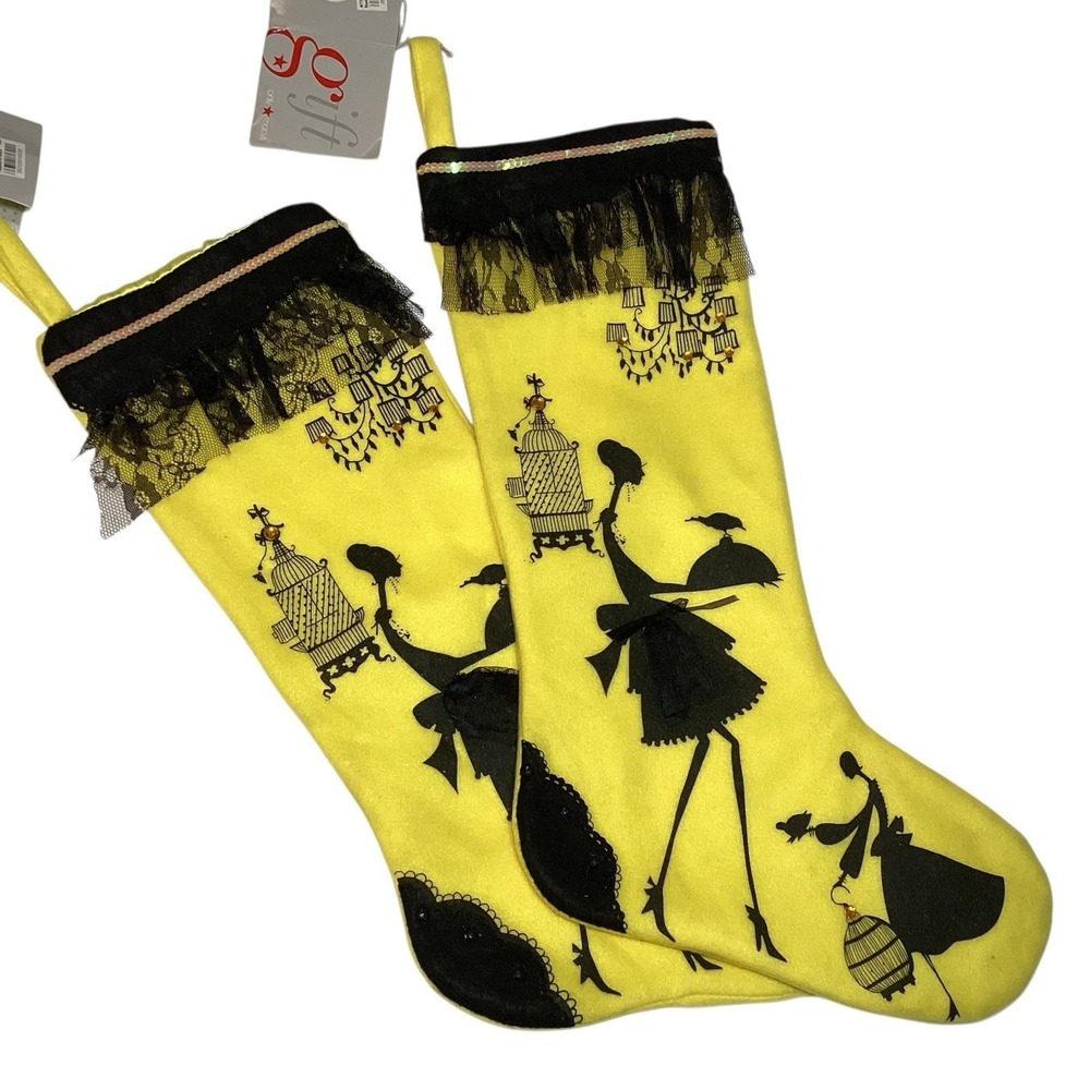 Macy's Gift Only Christmas Stocking Set of 2 Yellow Black Silhouette Lace New